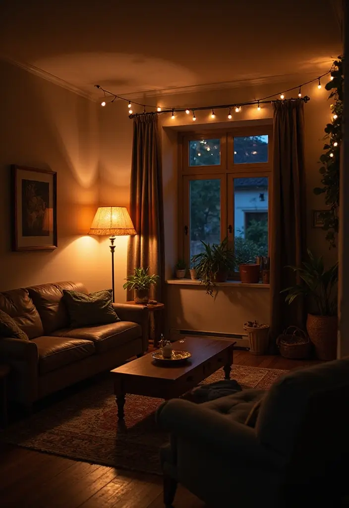 28 Dark Boho Living Room Ideas That Feel Moody and Artistic - 21. Layered Lighting