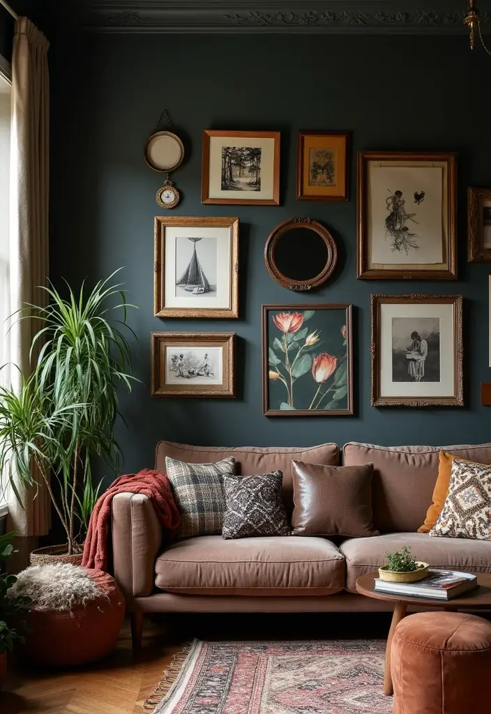 28 Dark Boho Living Room Ideas That Feel Moody and Artistic - 22. Bohemian Gallery Wall