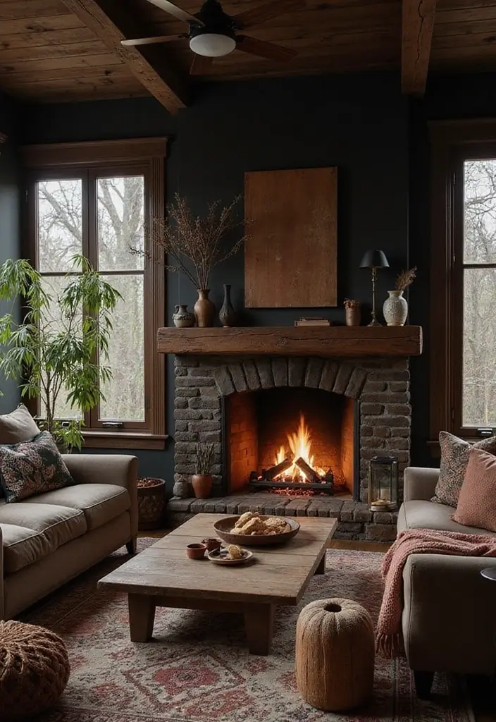 28 Dark Boho Living Room Ideas That Feel Moody and Artistic - 24. Cozy Fireplaces