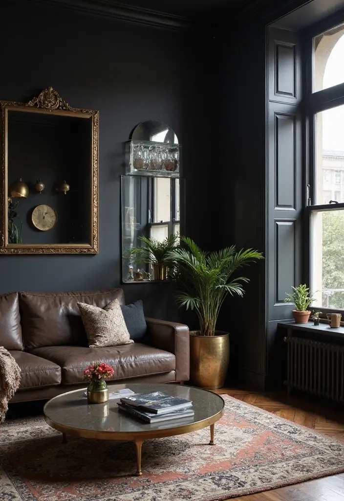 28 Dark Boho Living Room Ideas That Feel Moody and Artistic - 26. Reflective Surfaces