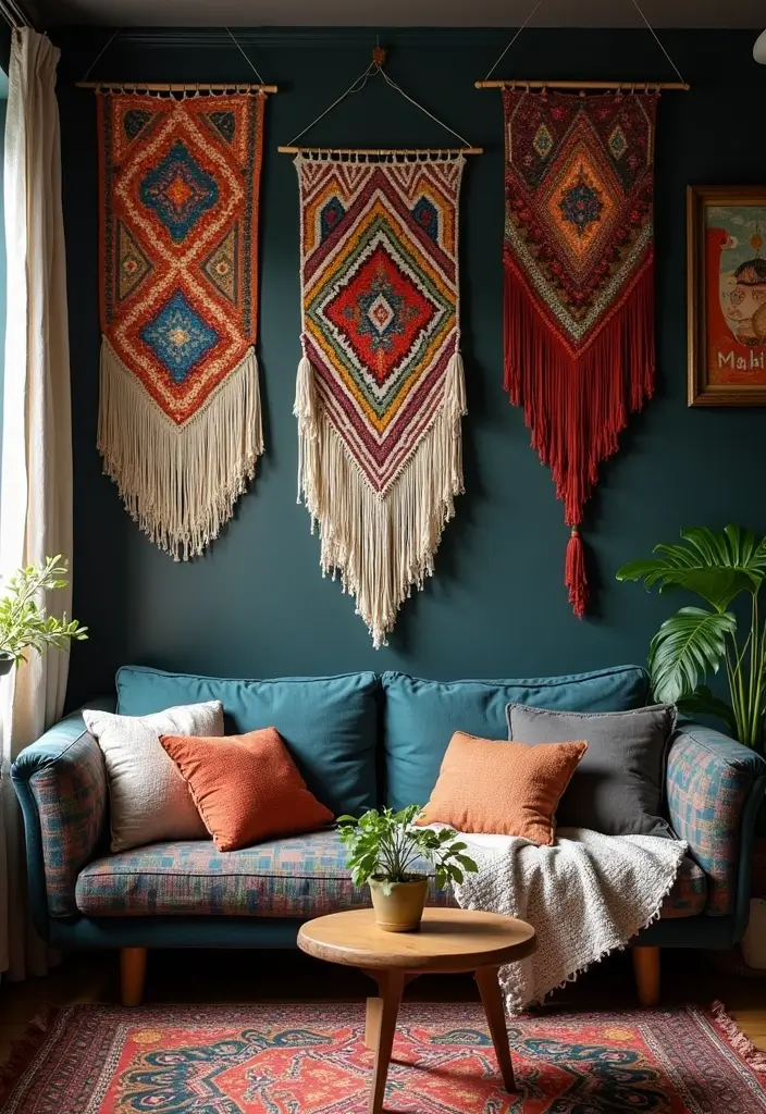 28 Dark Boho Living Room Ideas That Feel Moody and Artistic - 3. Artistic Wall Hangings