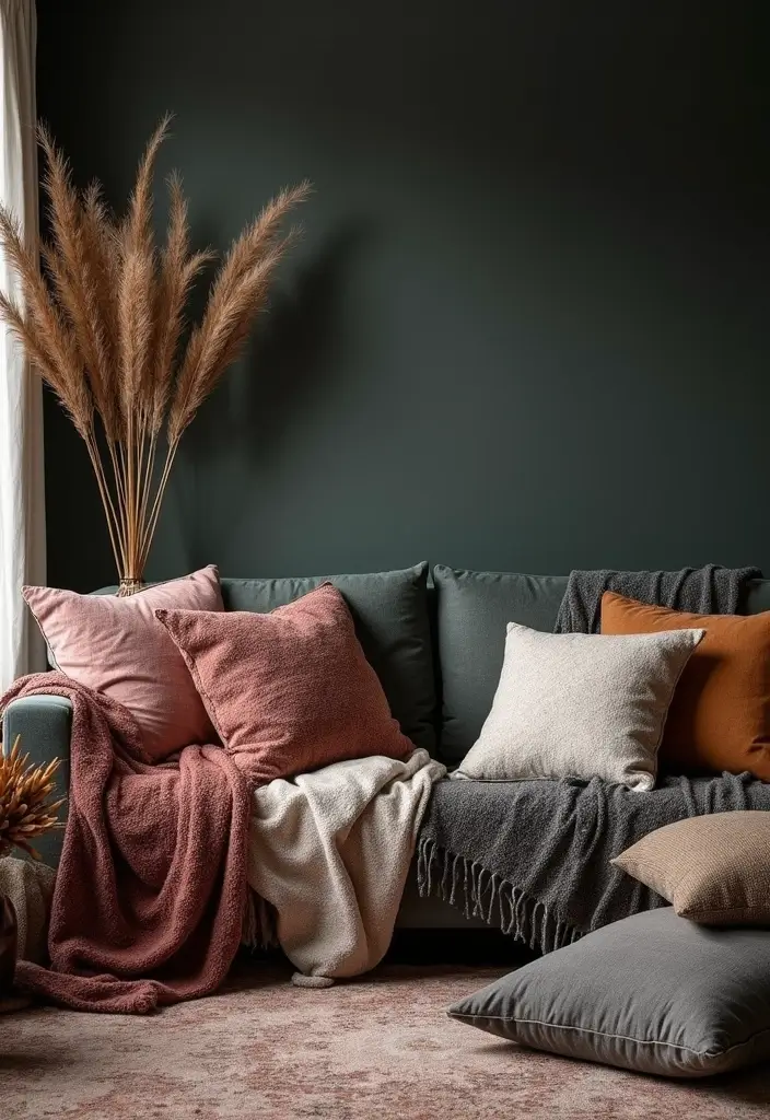 28 Dark Boho Living Room Ideas That Feel Moody and Artistic - 7. Textured Throws and Pillows