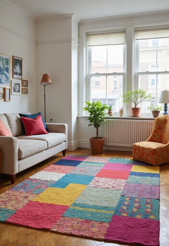 28 Floor Carpet Living Room Ideas That Add Texture and Warmth - 15. Colorful Patchwork Rugs