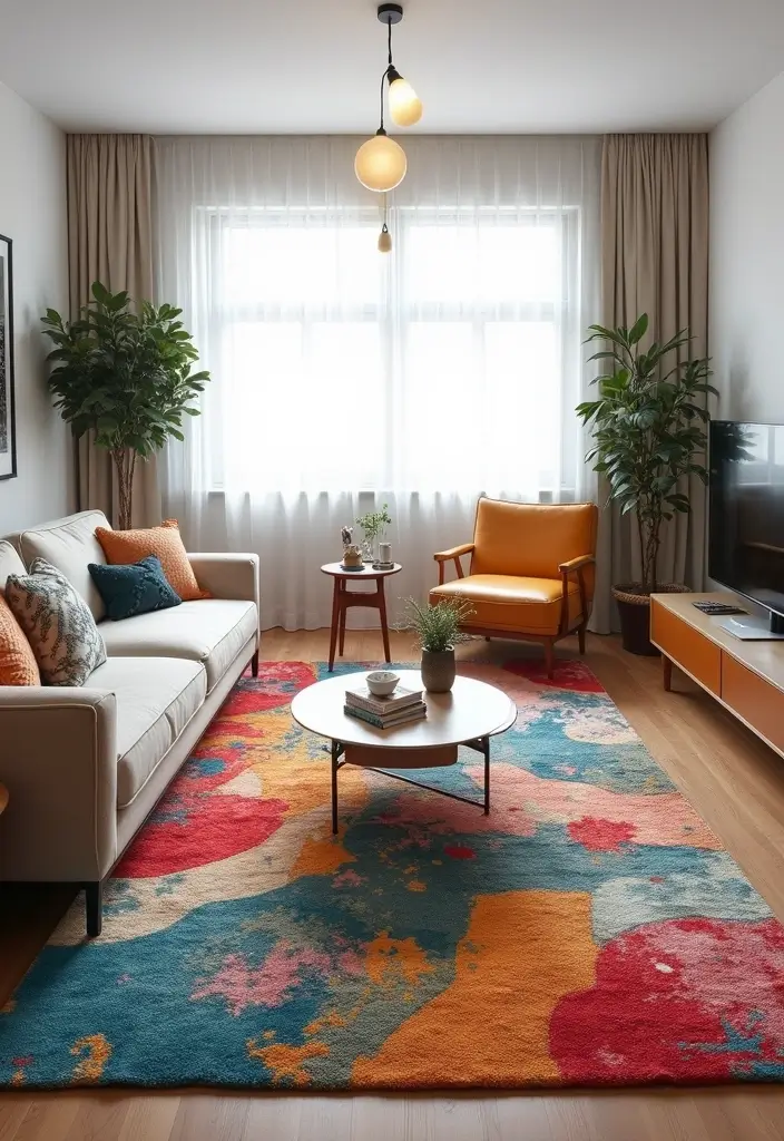 28 Floor Carpet Living Room Ideas That Add Texture and Warmth - 20. Artistic Printed Rugs