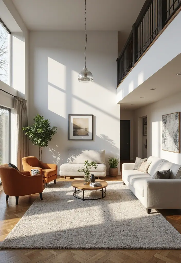 28 High Ceiling Living Room Ideas That Feel Open and Grand - 11. Textured Rugs