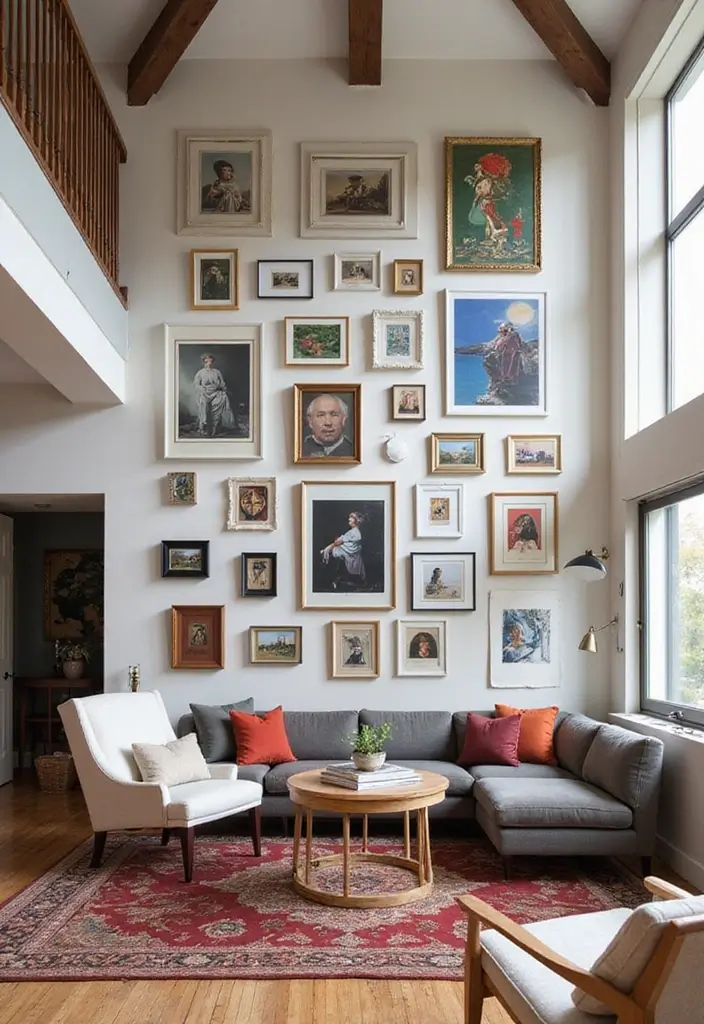 28 High Ceiling Living Room Ideas That Feel Open and Grand - 14. Personal Gallery Walls