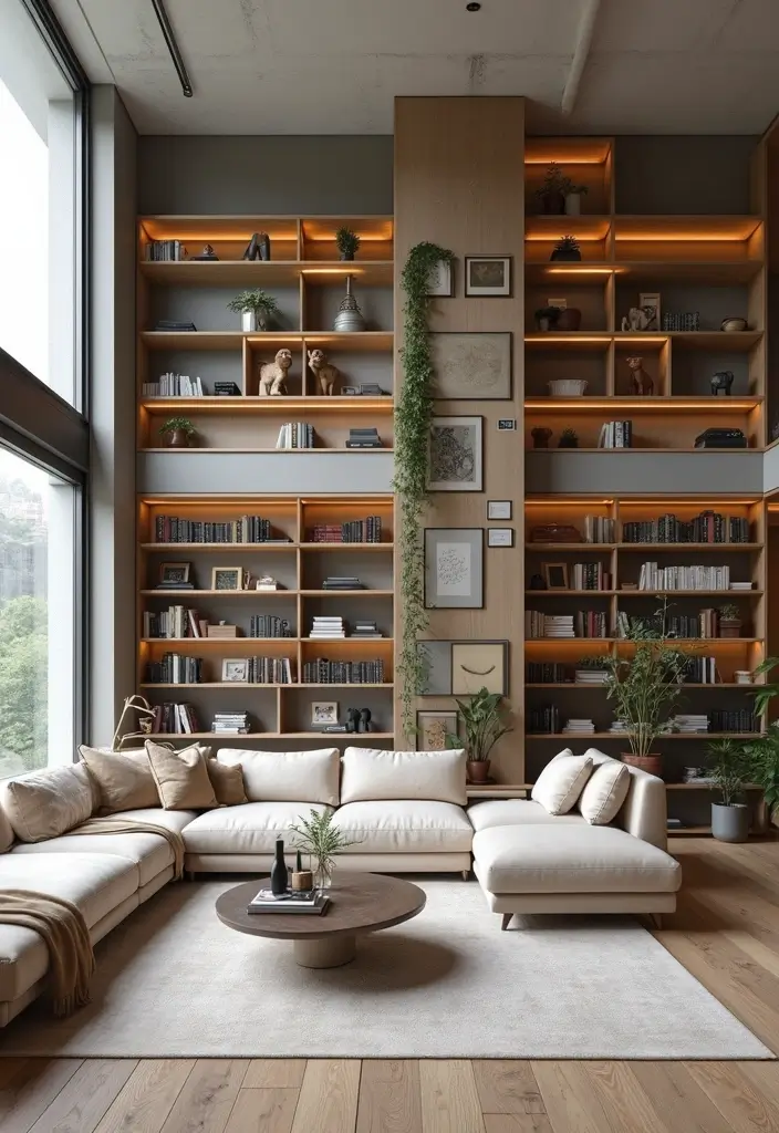 28 High Ceiling Living Room Ideas That Feel Open and Grand - 15. Creative Shelving Solutions