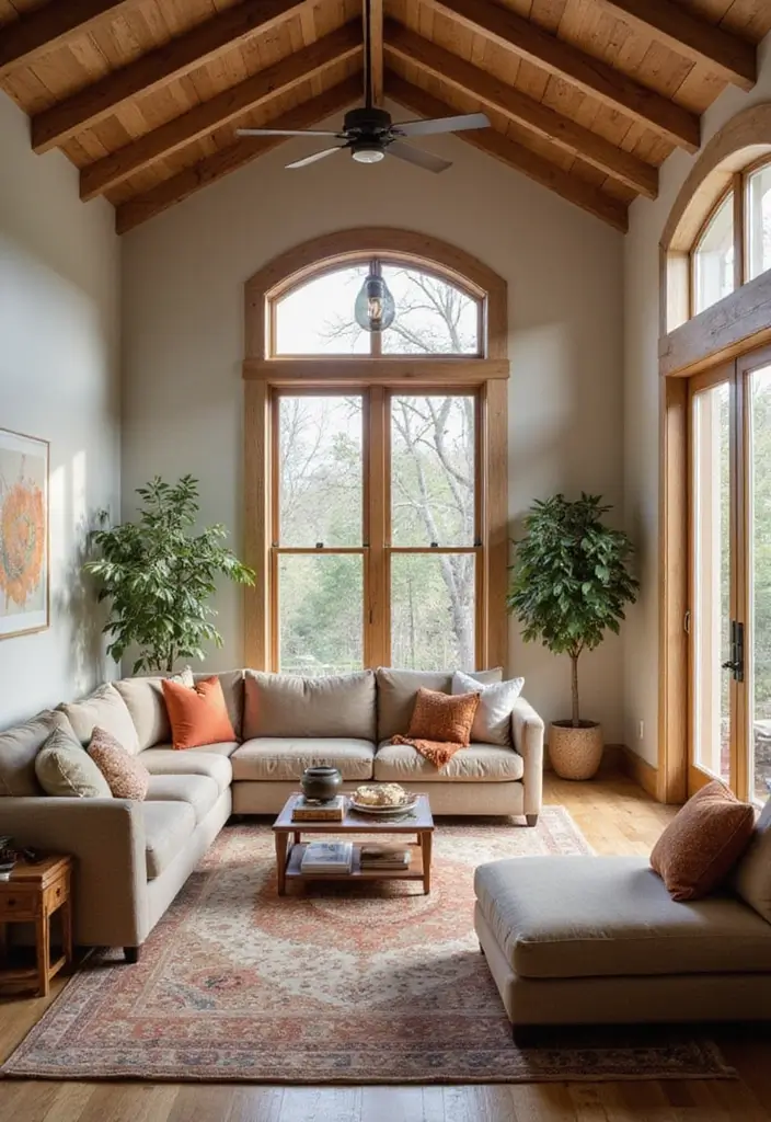 28 High Ceiling Living Room Ideas That Feel Open and Grand - 16. Warm and Inviting Colors