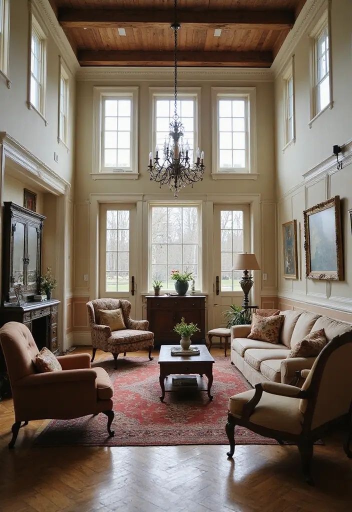 28 High Ceiling Living Room Ideas That Feel Open and Grand - 17. Vintage Charm