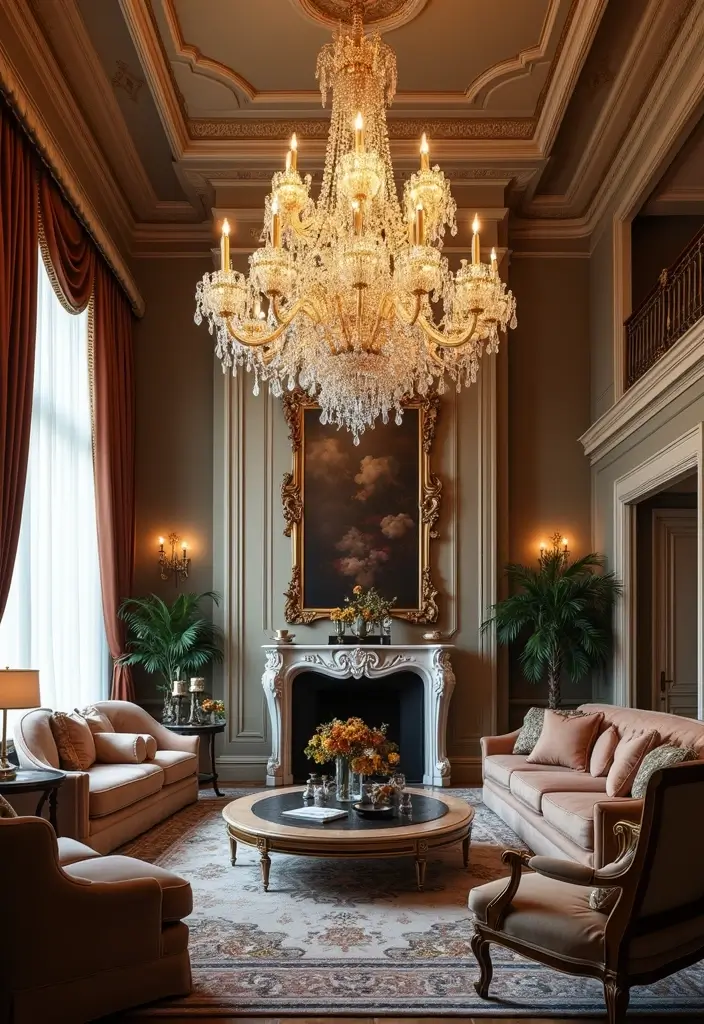 28 High Ceiling Living Room Ideas That Feel Open and Grand - 2. Grand Chandelier Elegance