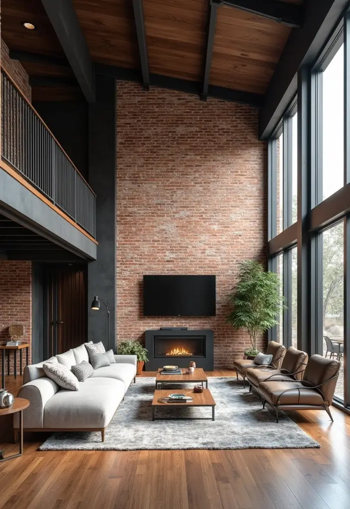 28 High Ceiling Living Room Ideas That Feel Open and Grand - 21. Industrial Chic