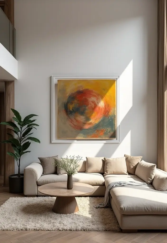 28 High Ceiling Living Room Ideas That Feel Open and Grand - 25. Statement Artwork