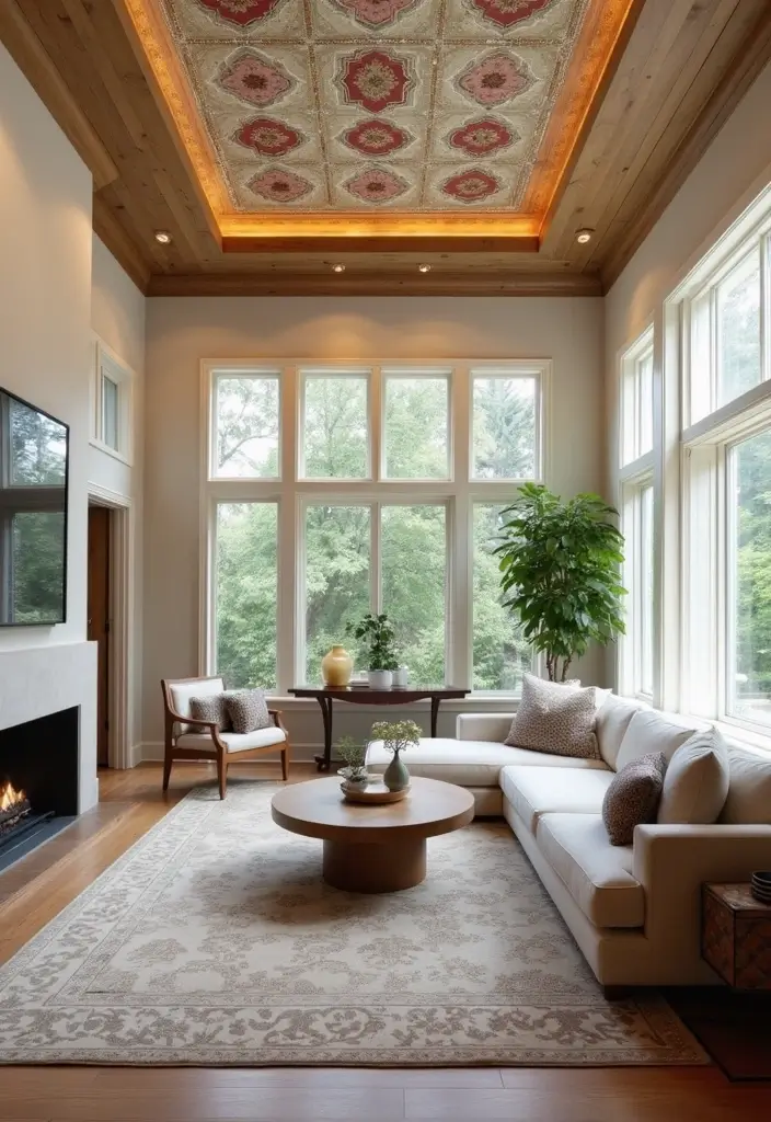 28 High Ceiling Living Room Ideas That Feel Open and Grand - 7. Artistic Ceiling Designs