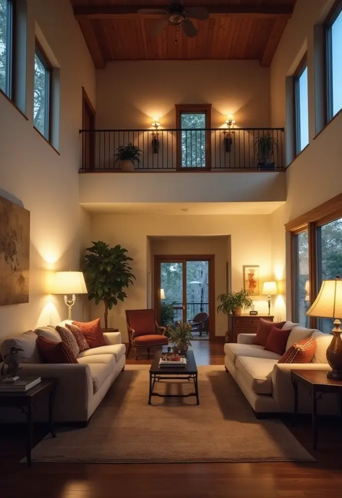 28 High Ceiling Living Room Ideas That Feel Open and Grand - 8. Layered Lighting