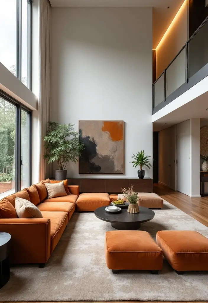 28 High Ceiling Living Room Ideas That Feel Open and Grand - 9. Statement Furniture Pieces