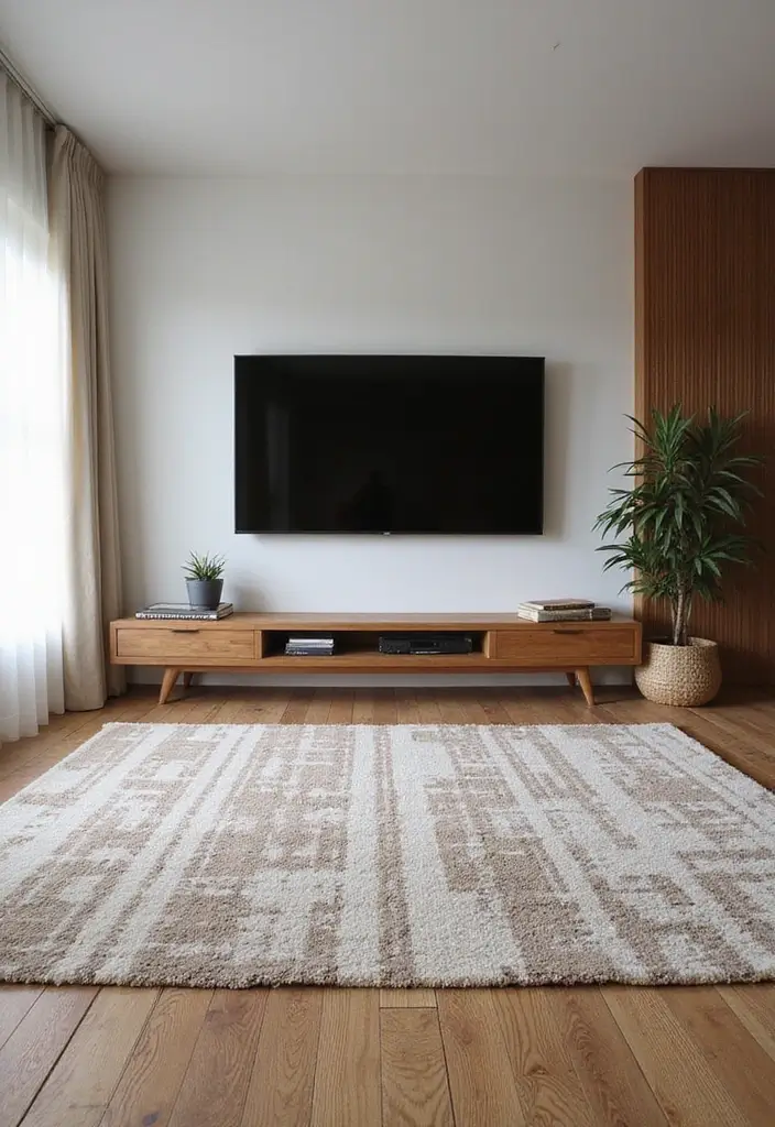 28 Large Living Room TV Wall Ideas That Feel Impressive and Modern - 13. Layered Rugs