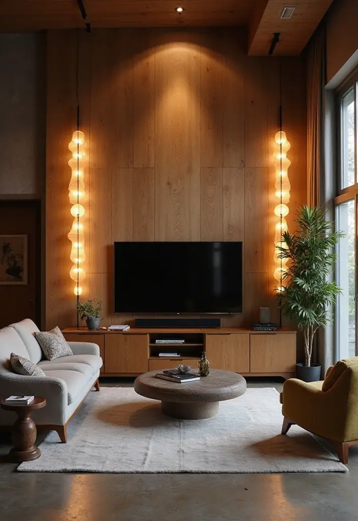 28 Large Living Room TV Wall Ideas That Feel Impressive and Modern - 23. Artistic Lighting Fixtures