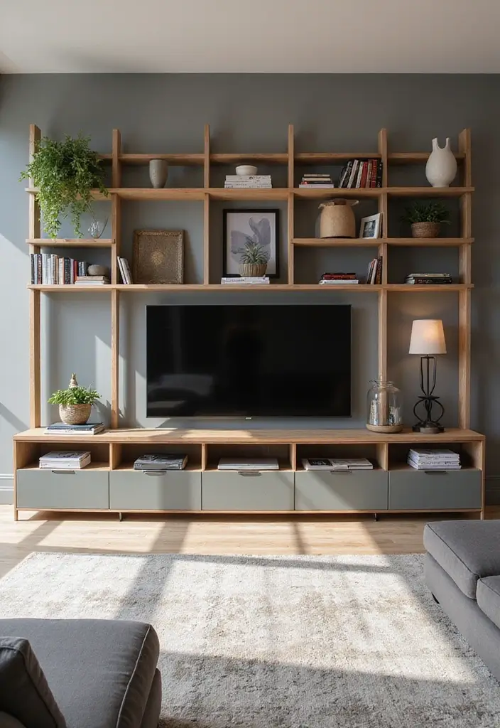 28 Large Living Room TV Wall Ideas That Feel Impressive and Modern - 24. Open Shelving for Books and Decor