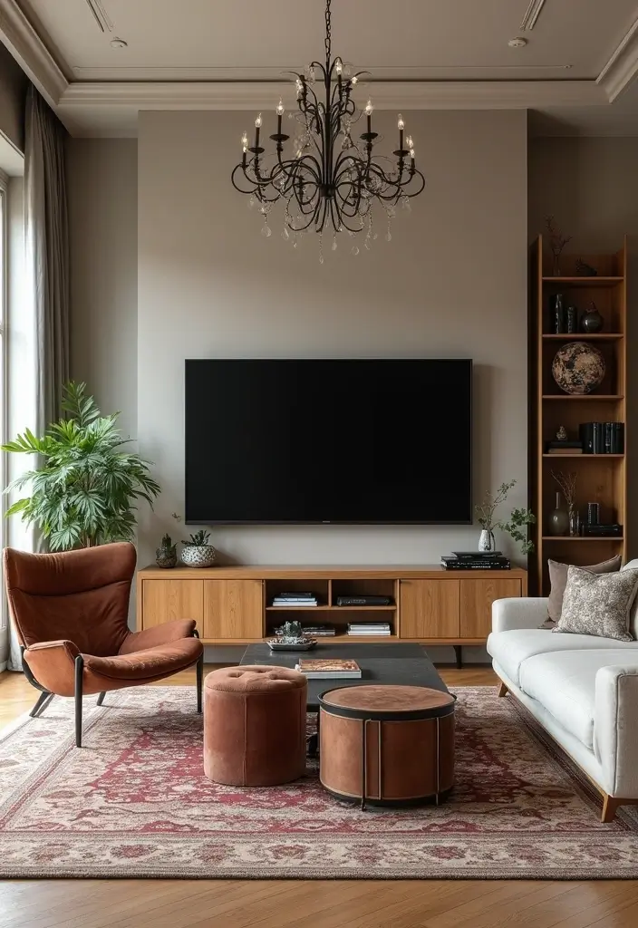 28 Large Living Room TV Wall Ideas That Feel Impressive and Modern - 25. Combination of Styles