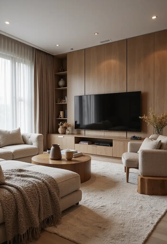 28 Large Living Room TV Wall Ideas That Feel Impressive and Modern - 28. Textured Fabrics and Soft Furnishings