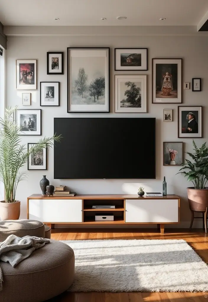 28 Large Living Room TV Wall Ideas That Feel Impressive and Modern - 4. Gallery Wall Around the TV