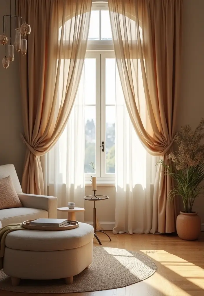 28 Living Room Sheer Curtain Ideas That Soften Light Perfectly - 11. Sheer Drapes with Tie-Backs