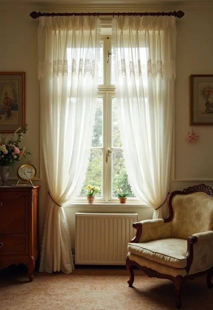 28 Living Room Sheer Curtain Ideas That Soften Light Perfectly - 13. Vintage-Inspired Sheers