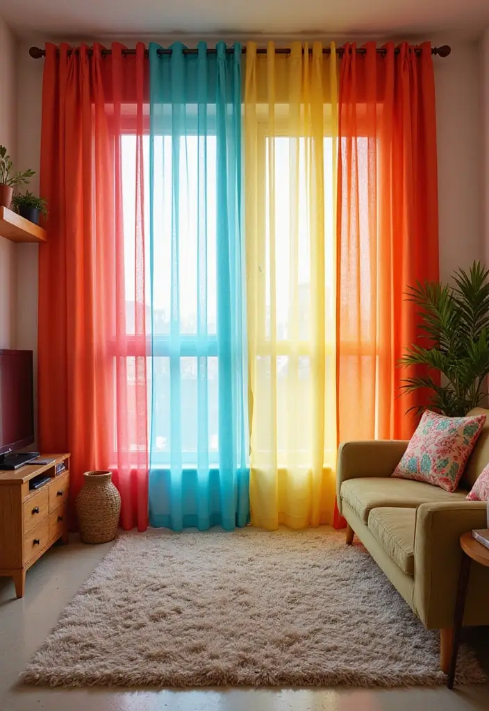 28 Living Room Sheer Curtain Ideas That Soften Light Perfectly - 15. Edged with Color