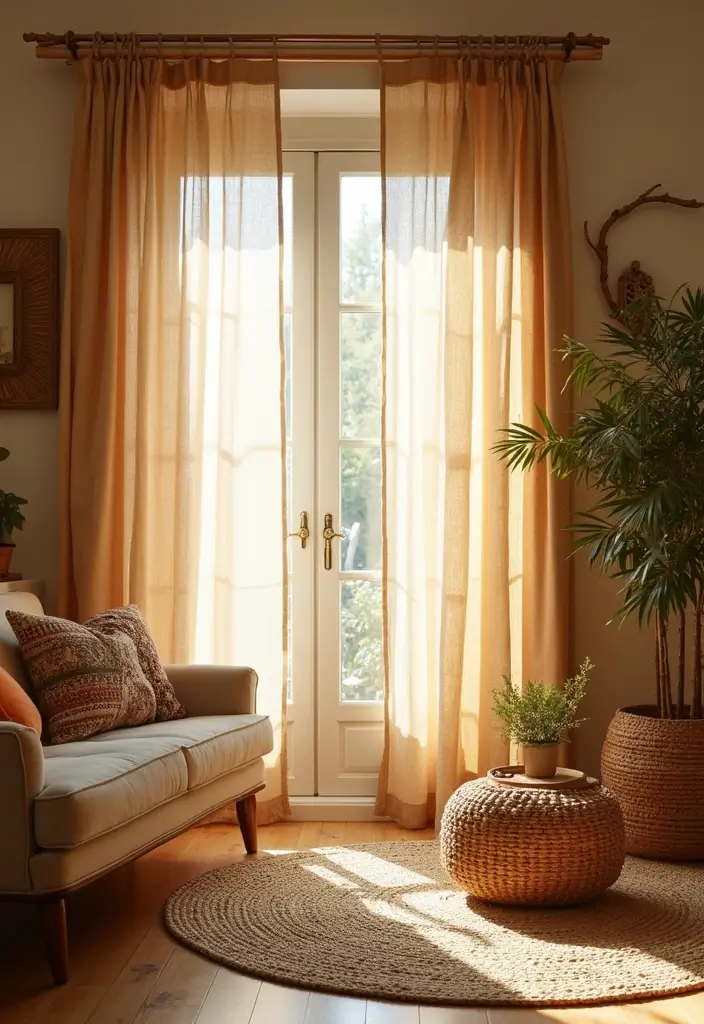 28 Living Room Sheer Curtain Ideas That Soften Light Perfectly - 2. Bamboo Bliss