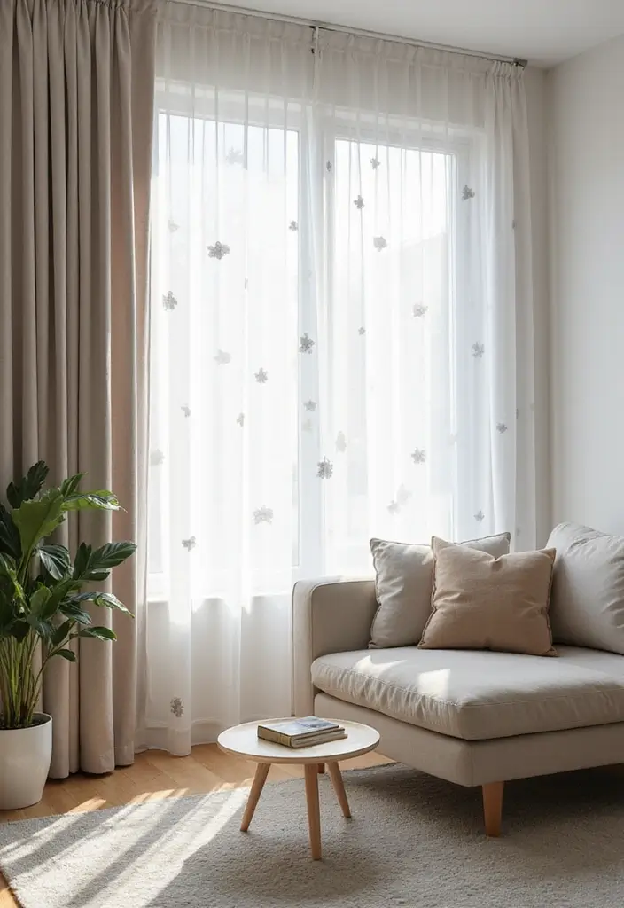 28 Living Room Sheer Curtain Ideas That Soften Light Perfectly - 21. Minimalist Geometric Patterns