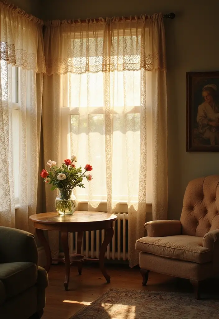 28 Living Room Sheer Curtain Ideas That Soften Light Perfectly - 22. Vintage Lace Panels