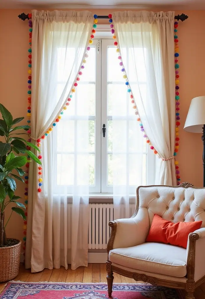 28 Living Room Sheer Curtain Ideas That Soften Light Perfectly - 24. Sheer Curtains with Pompom Trim