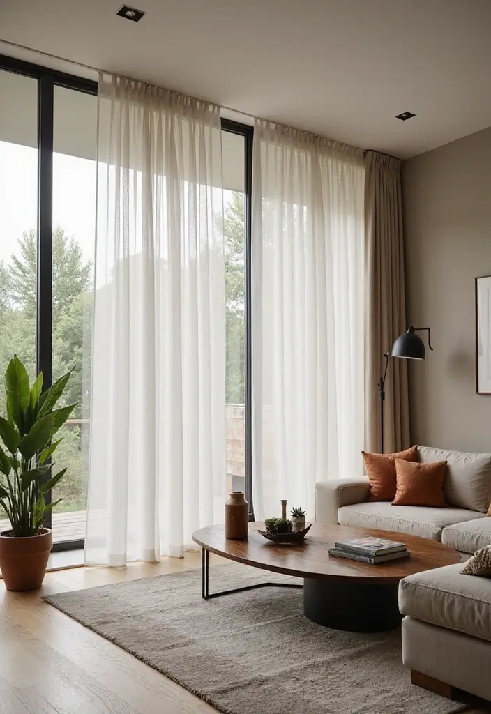 28 Living Room Sheer Curtain Ideas That Soften Light Perfectly - 26. Vertical Sheer Panels