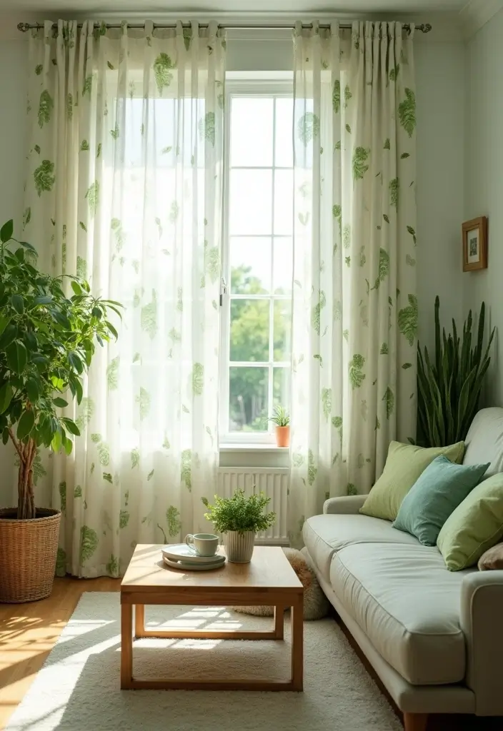 28 Living Room Sheer Curtain Ideas That Soften Light Perfectly - 28. Nature-Inspired Prints
