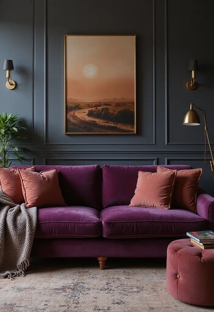28 Plum Living Room Ideas That Add Richness and Drama - 1. Velvet Plum Sofa – The Centerpiece of Comfort