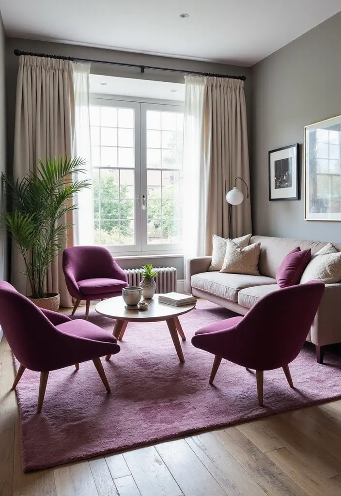 28 Plum Living Room Ideas That Add Richness and Drama - 10. Plum Accent Chairs – Statement Seating