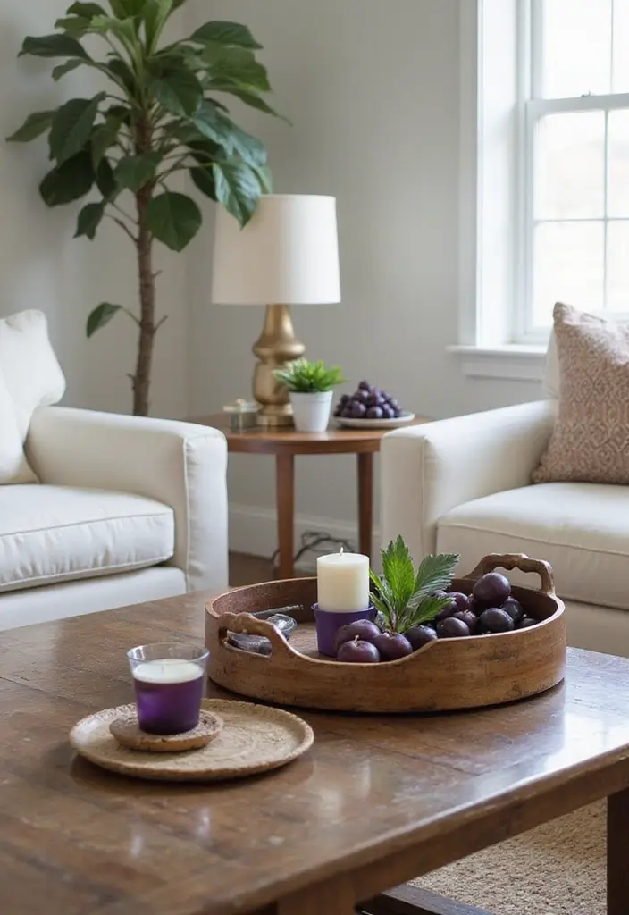 28 Plum Living Room Ideas That Add Richness and Drama - 13. Plum Decorative Trays – Organize with Flair