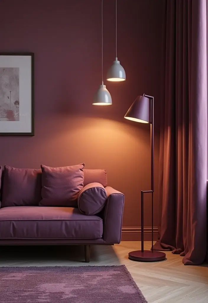 28 Plum Living Room Ideas That Add Richness and Drama - 14. Plum Lighting – Illuminate with Elegance