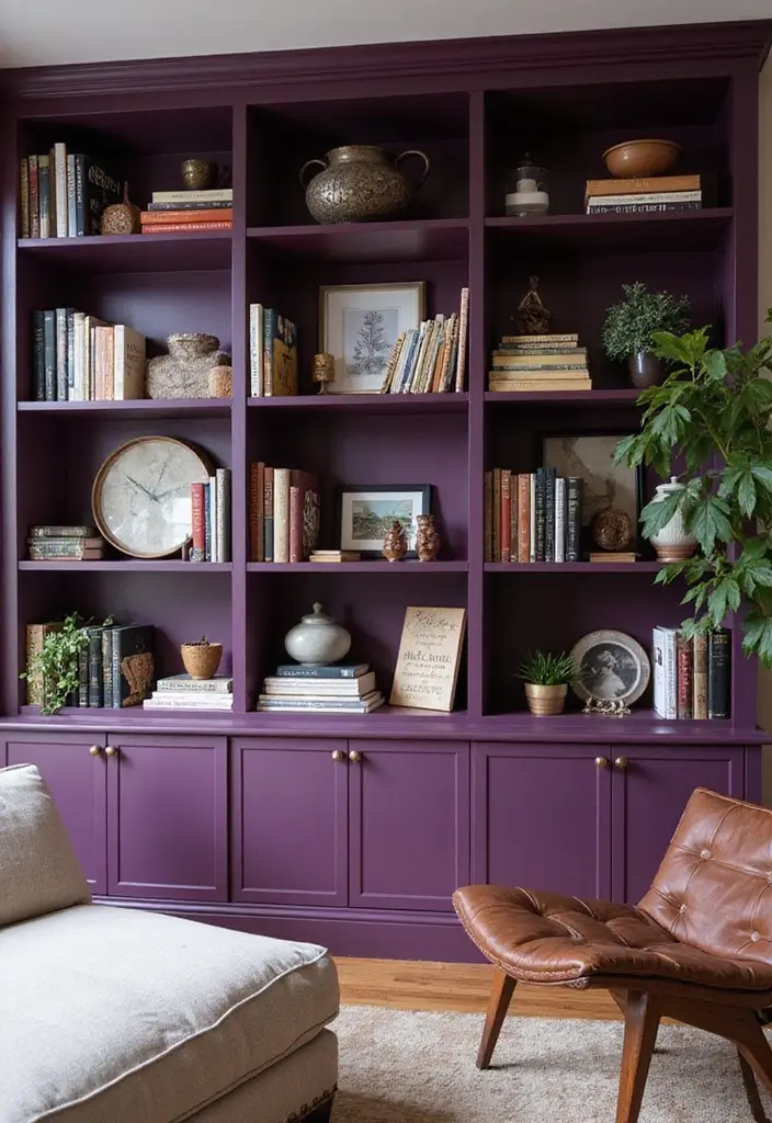 28 Plum Living Room Ideas That Add Richness and Drama - 15. Plum Bookcase – A Pop of Color