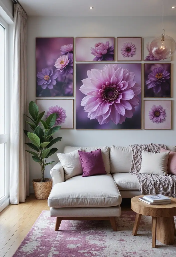 28 Plum Living Room Ideas That Add Richness and Drama - 17. Plum Wall Art – Creative Expression