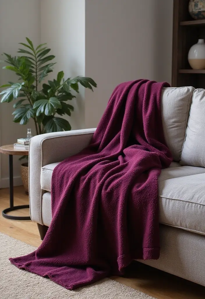 28 Plum Living Room Ideas That Add Richness and Drama - 18. Plum Throws – A Cozy Staple