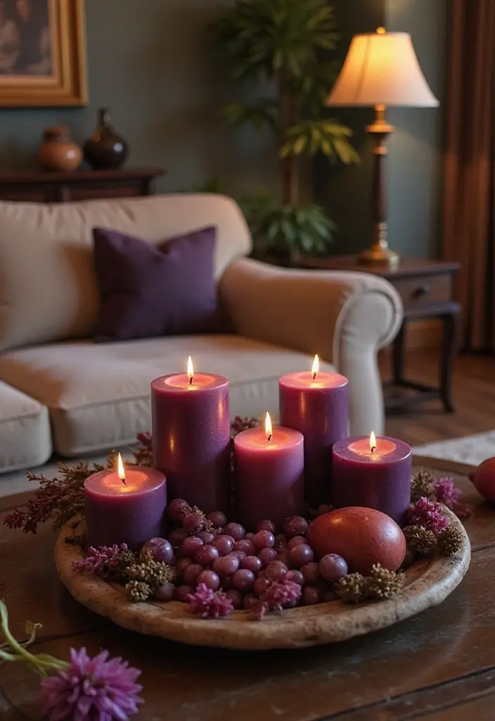 28 Plum Living Room Ideas That Add Richness and Drama - 19. Plum Candles – Soft Illumination