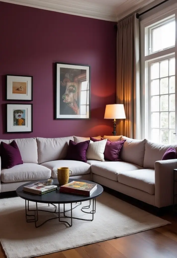 28 Plum Living Room Ideas That Add Richness and Drama - 2. Plum Accent Wall – Bold and Beautiful