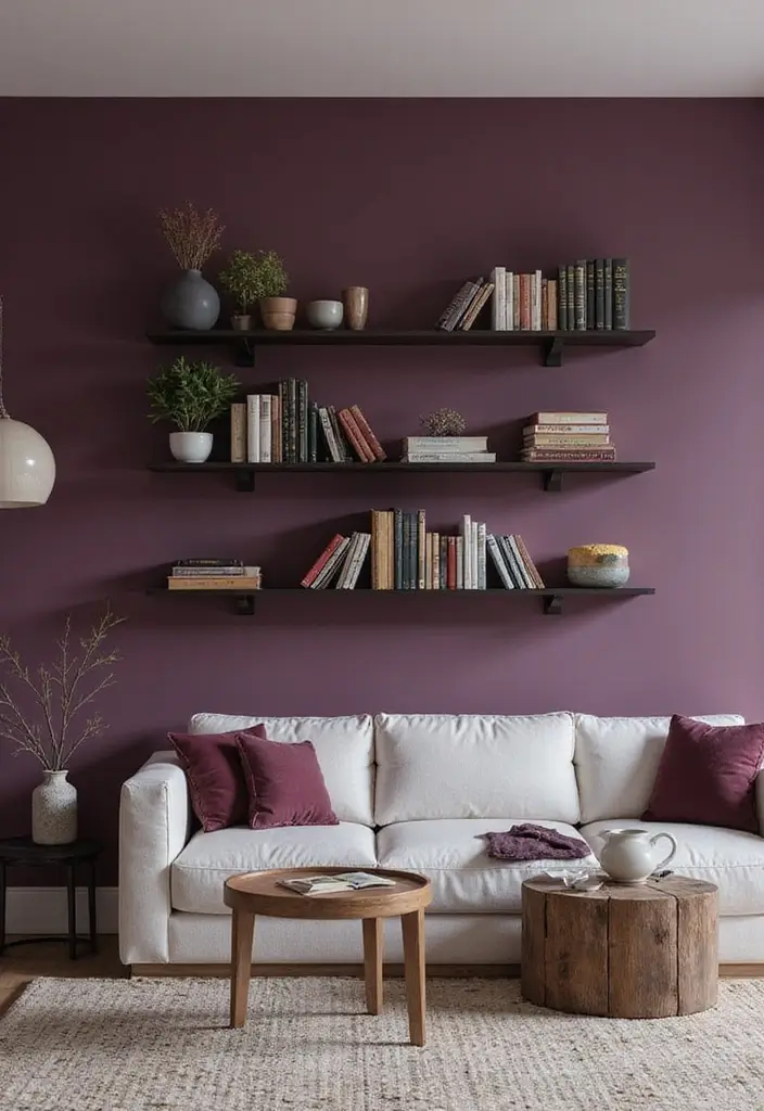 28 Plum Living Room Ideas That Add Richness and Drama - 21. Plum Wall Shelves – Functional Decor