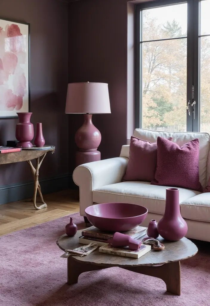 28 Plum Living Room Ideas That Add Richness and Drama - 22. Plum Accents in Accessories – Small Touches