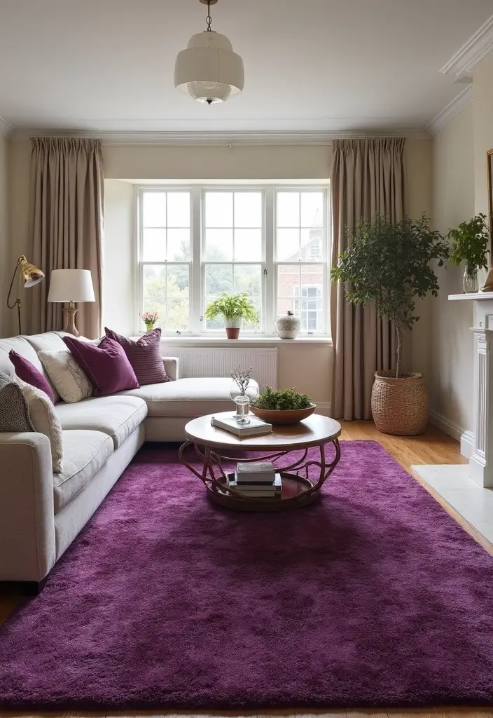 28 Plum Living Room Ideas That Add Richness and Drama - 25. Plum Rugs – Define Spaces