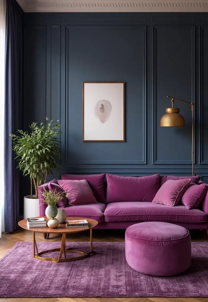28 Plum Living Room Ideas That Add Richness and Drama - 27. Plum Color Combinations – Play with Contrast
