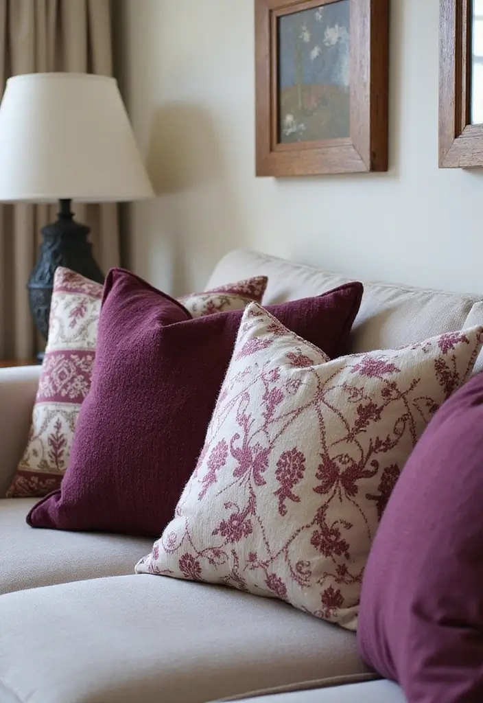 28 Plum Living Room Ideas That Add Richness and Drama - 3. Plum Throw Pillows – Small Details, Big Impact