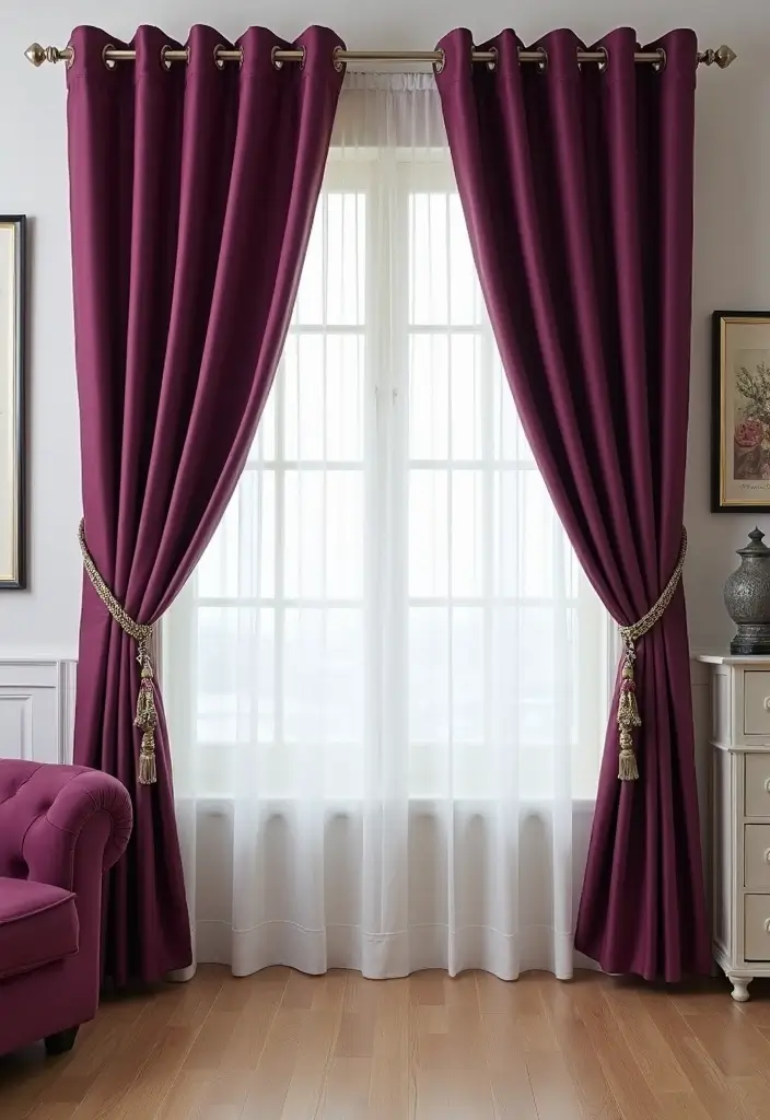 28 Plum Living Room Ideas That Add Richness and Drama - 5. Decorative Plum Curtains – Elevate the Windows