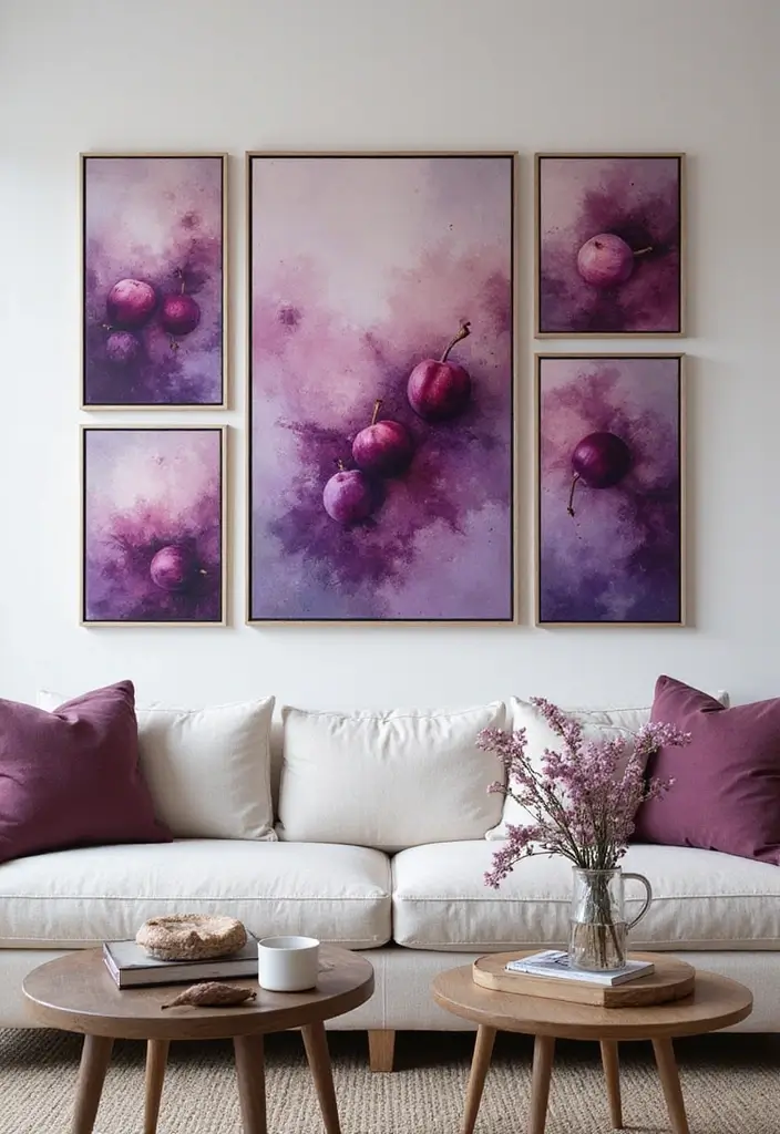 28 Plum Living Room Ideas That Add Richness and Drama - 6. Plum Artwork – Colorful Expressions